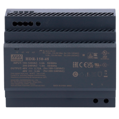 Fonte alimentação Mean Well HDR-150-48 preta com especificações técnicas