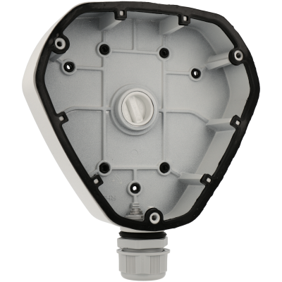 Peça triangular de plástico cinzento com borda preta e parafuso central