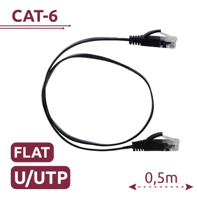 Cabo de rede CAT-6 preto, flat, 0,5 metros