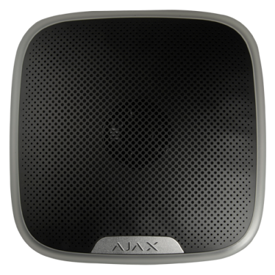 Alto-falante preto com borda cinzenta e logótipo AJAX