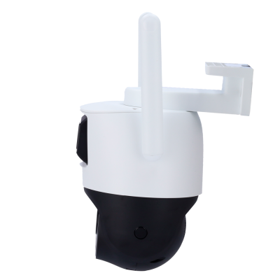 Câmara de segurança branca e preta com antena e suporte de fixação montada
