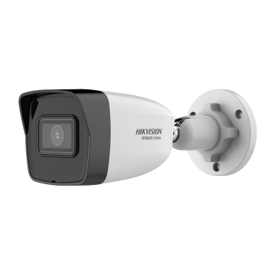 Câmara de vigilância HIKVISION HiWatch Series branca e preta montada numa base redonda branca