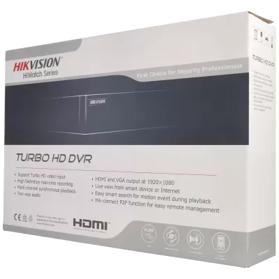 Embalagem do gravador de vídeo digital HIKVISION Turbo HD DVR com especificações técnicas impressas