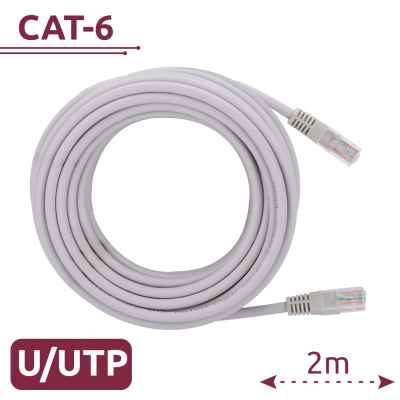 Cabo de rede CAT-6 branco enrolado com 2 metros de comprimento