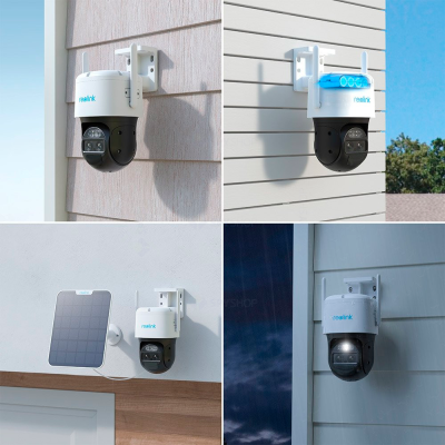 Câmaras de segurança Reolink instaladas em paredes exteriores e um painel solar Reolink