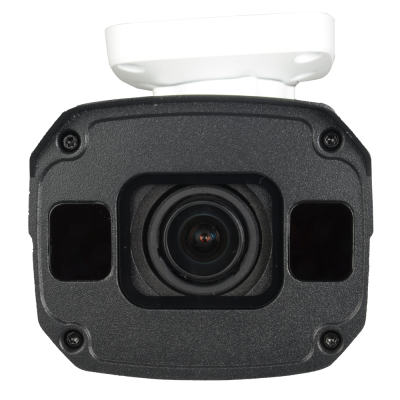 Câmara de vigilância preta com lente central e suporte branco