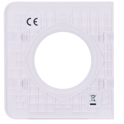 Placa branca quadrada de plástico com abertura circular e símbolos CE e lixo