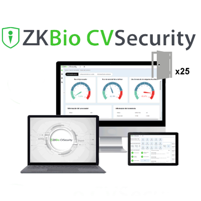 Imagem promocional do software ZKBio CV Security em vários dispositivos eletrónicos.