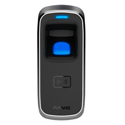 Leitor biométrico de impressão digital preto com luz azul e bordas prateadas