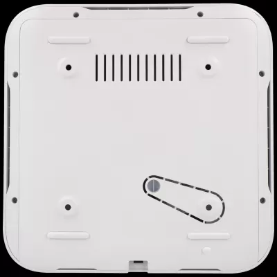 Base inferior de equipamento eletrónico branco com ventilações e parafusos