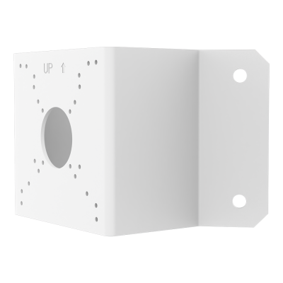 Suporte metálico branco com orifícios e texto UP embutido
