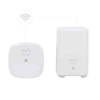 Dois dispositivos eletrónicos brancos eufy Security com indicador LED e sinal Wi-Fi