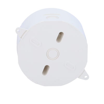 Tomada elétrica branca tipo industrial com dois orifícios oblongos e círculo central