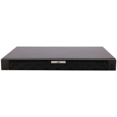 Aparelho eletrônico preto com frente em padrão hexagonal e etiqueta UTV