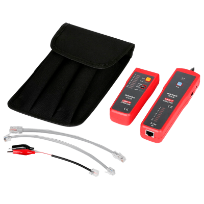 Kit de testador de cabos de rede com dispositivos vermelhos, cabos e bolsa preta.