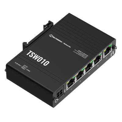 Switch de rede preto OLTRONIX TSW010 com cinco portas Ethernet e conectores de fibra