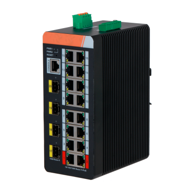 Equipamento de rede preto com 16 portas Ethernet e conectores verdes no topo
