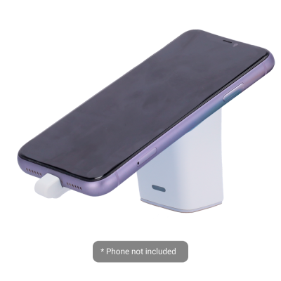 Suporte de telemóvel branco a segurar telemóvel roxo