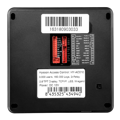 Dispositivo electrónico preto com etiquetas e conectores vermelhos