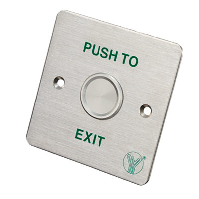 Placa de metal com botão e texto PUSH TO EXIT