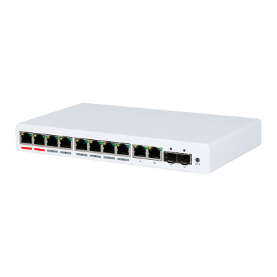 Switch de rede branco com 8 portas Ethernet e 2 portas SFP