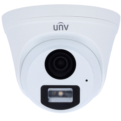 Câmara de vigilância branca em forma de cúpula com lente preta central e marca UNV