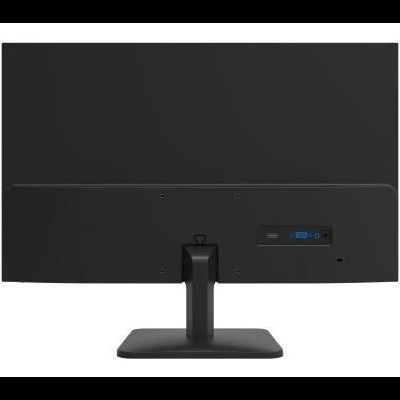 Monitor preto com suporte retangular sólido e etiqueta na parte traseira