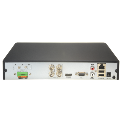 Dispositivo eletrónico cinzento com portas de áudio, vídeo, LAN, USB e alimentação