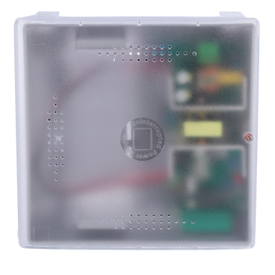 Caixa eletrónica quadrada translúcida com componentes internos visíveis