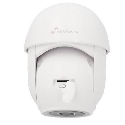 Câmara de vigilância branca com logo NIVIAN e abertura para cartão de memória