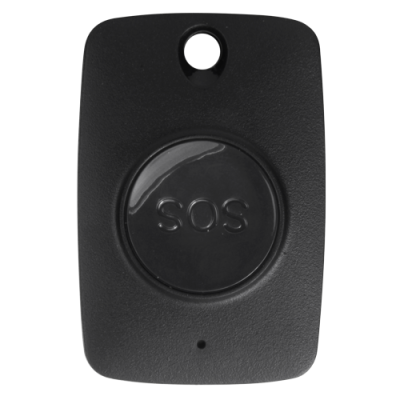 Dispositivo preto com botão SOS e orifício na parte superior
