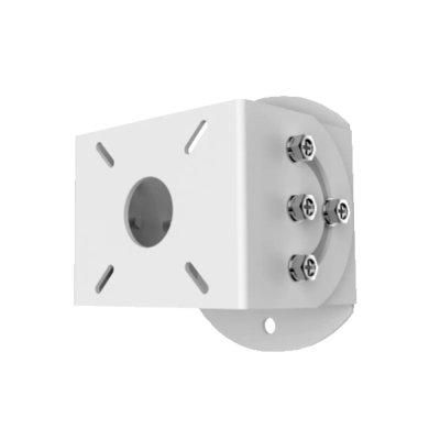 Suporte de metal branco com furo circular e parafusos