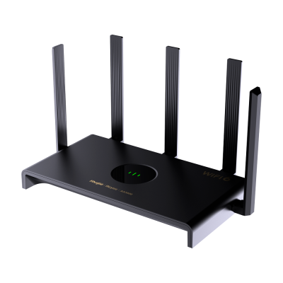 Router WiFi preto com cinco antenas verticais e LEDs verdes
