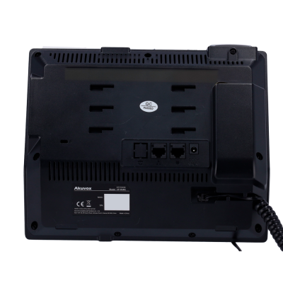 Telefone de escritório preto Akuvox com várias portas e etiquetas, fundo branco