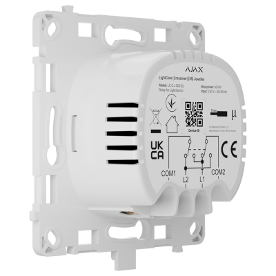 Módulo elétrico branco da marca AJAX com texto e símbolos em preto