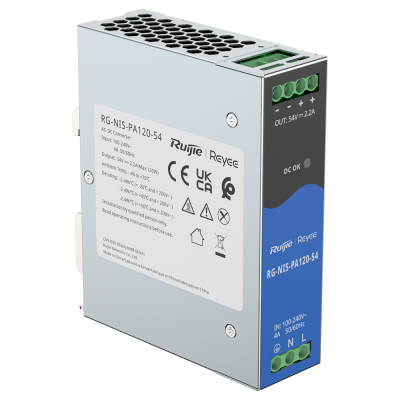 Conversor AC-DC metálico cinza e azul com conectores verdes e texto técnico Ruijie Reyee