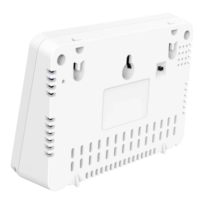 Dispositivo eletrónico branco visto por trás com ventilação e furos para fixação na parede