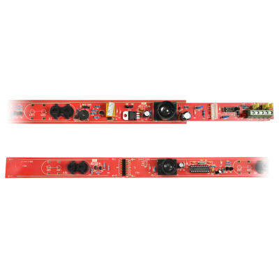 Placa eletrónica vermelha com componentes e texto PRESTIGE