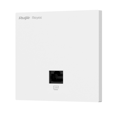 Caixa branca de parede com porta Ethernet LAN e marcas Ruijie Reyee