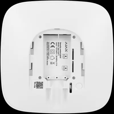 Painel de controlo de segurança branco AJAX Hub 2 com entradas Micro-SIM e botão de ligar/desligar