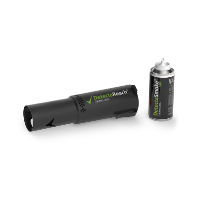 Dispositivo preto DetectaReach e lata preta DetectaSmoke DSF2 para segurança