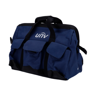 Mala azul escura com bolsas e logo UNV.