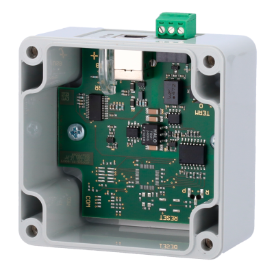 Caixa eletrónica com placa de circuito verde e componentes