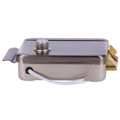 Fecho elétrico metálico prateado com botão e cabo