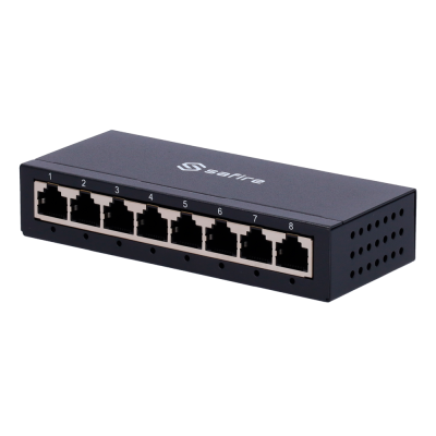 Switch de rede Saffra preto com oito portas RJ45 numeradas
