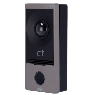 Campainha videovigilância cinzenta e preta com lente de câmara e botão