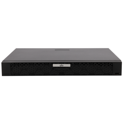 Gravador de vídeo digital preto com padrão hexagonal e etiqueta 'univ'