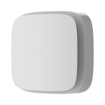 Dispositivo branco quadrado com indicadores LED e logo AJAX.