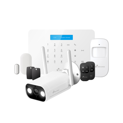 Conjunto de segurança doméstica branco com câmara, painel de controlo e sensores