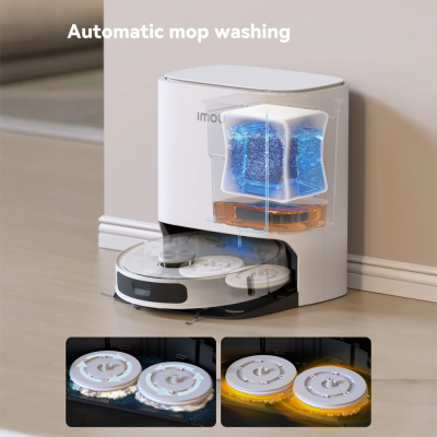 Robô de limpeza branco com estação de carregamento e lavagem automática de esfregonas
